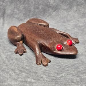 Vintage Hand Carved Mahogany Wooden Red Eyed Frog Toad Figurine